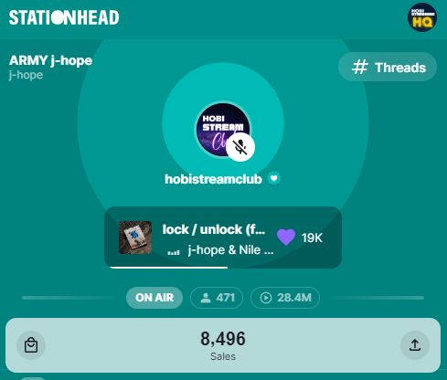 We are ON AIR at @STATIONHEAD! 📻 stationhead.com/c/armyjhope 🎯 28.4M streams/ 30M GOAL 👥 471 listeners 🛍️ 8,496 NEURON sales (+4) Join our session in 24 hrs & you'll contribute total 385 streams for j-hope's music (330x #HOPE_ON_THE_STREET = 180x Neuron + 150 other HOTS tracks).