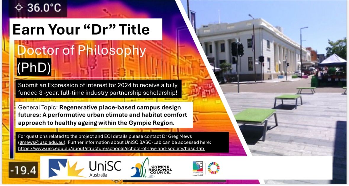 Fully funded #PhDScholarship available for an outstanding candidate to undertake a #PhD with us at @usceduau. Position description & applications lnkd.in/gewbHamQ #urbandesign #urbanplanning #designforhealth #urbanclimate #climateresponsivedesign #inclusivedesign