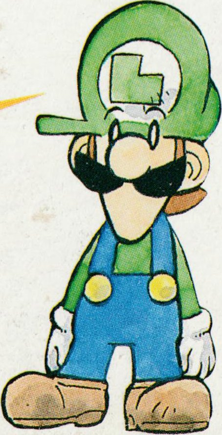 Artwork of a tiny Luigi from the back cover of the Nintendo Space World 2000 Hand Book.