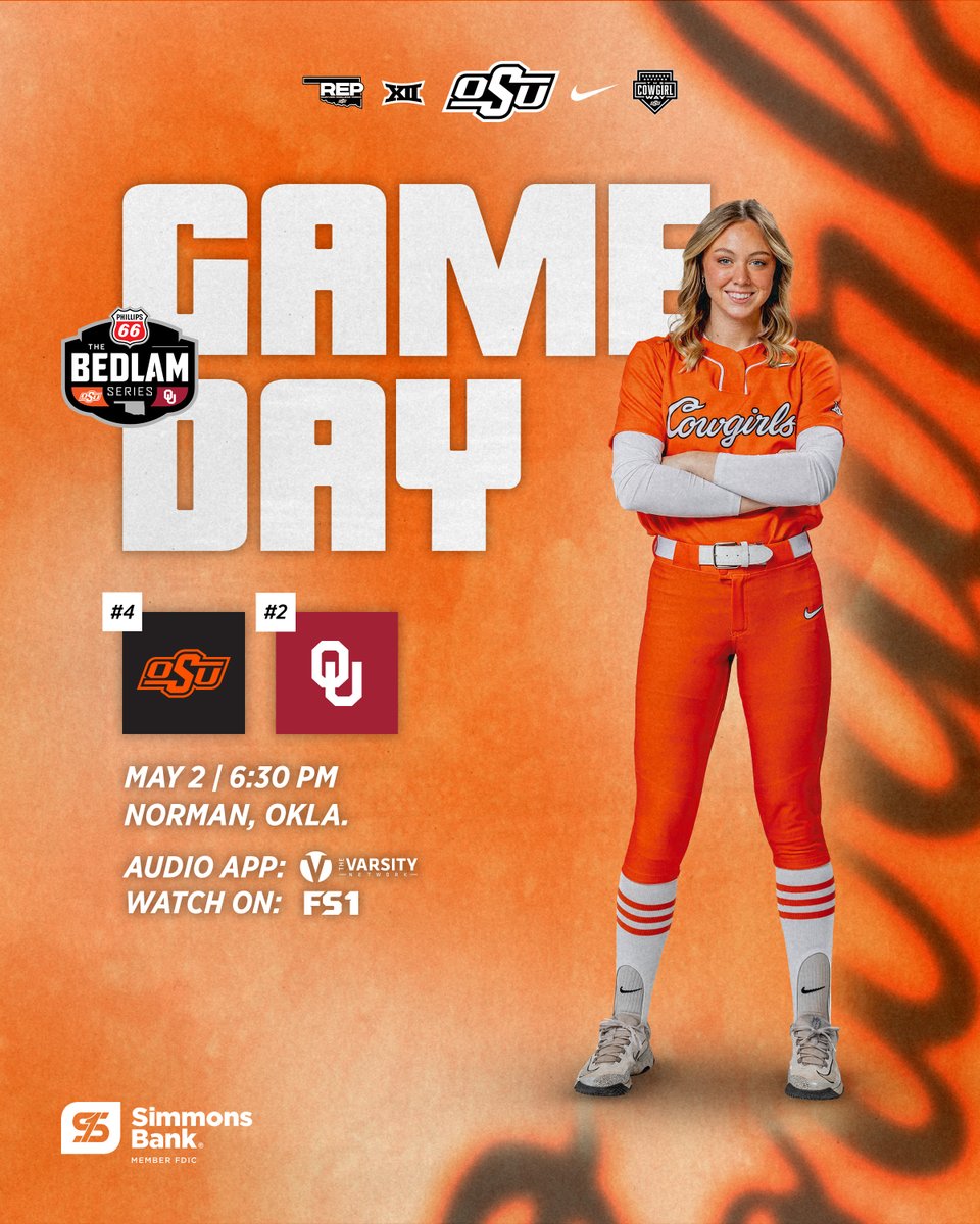 The day has come… it’s time for 𝐁𝐞𝐝𝐥𝐚𝐦. 🆚 No. 2/2 Oklahoma ⏰ 6:30 p.m. 📍 Love’s Field 📺 FS1 📻 KGFY 105.5 FM or okla.st/getvarsity 📊 okla.st/statbroadcast #GoPokes | @simmons_bank | @Phillips66Gas
