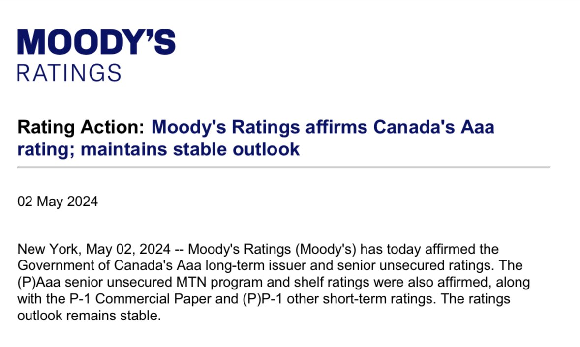 BREAKING 🚨: Moody’s reaffirms 🇨🇦’s AAA credit rating Notes “very high per capita income levels and high competitiveness” And the Trudeau “government's history of and continued focus on maintaining a prudent fiscal policy stance” Mic drop to all the Trudeau haters #cdnpoli