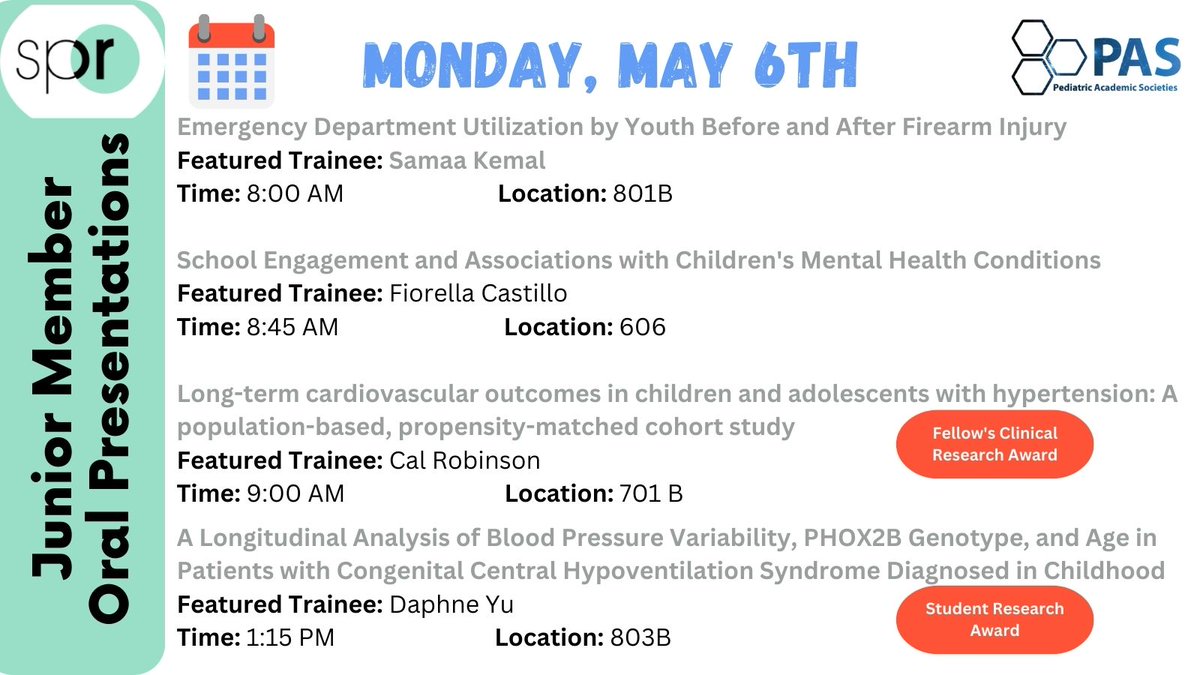 And check out these talks on Monday, May 6th! There is so much amazing research pursued by @junior_spr members! Excited to celebrate these amazing achievements!! Congrats @KidneyCal and Daphne Yu on your awards! @NUFSMPediatrics @samaakemal @SickKidsNews