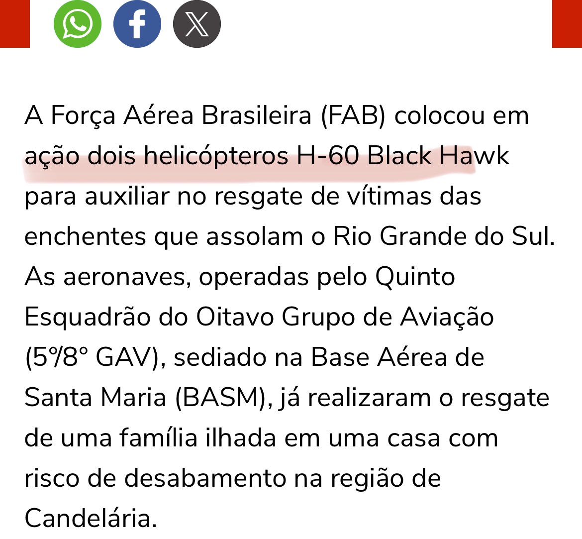 O Brasil possui a 15ª frota aérea militar do mundo. Das 665 aeronaves, temos 175 helicópteros. Pq fucking eles mandam 2, APENAS 2 helicópteros para ajudar na maior tragédia que o RS já viu? Essa ajuda midiática e a conta-gotas do Governo Lula pode custar muitas vidas!