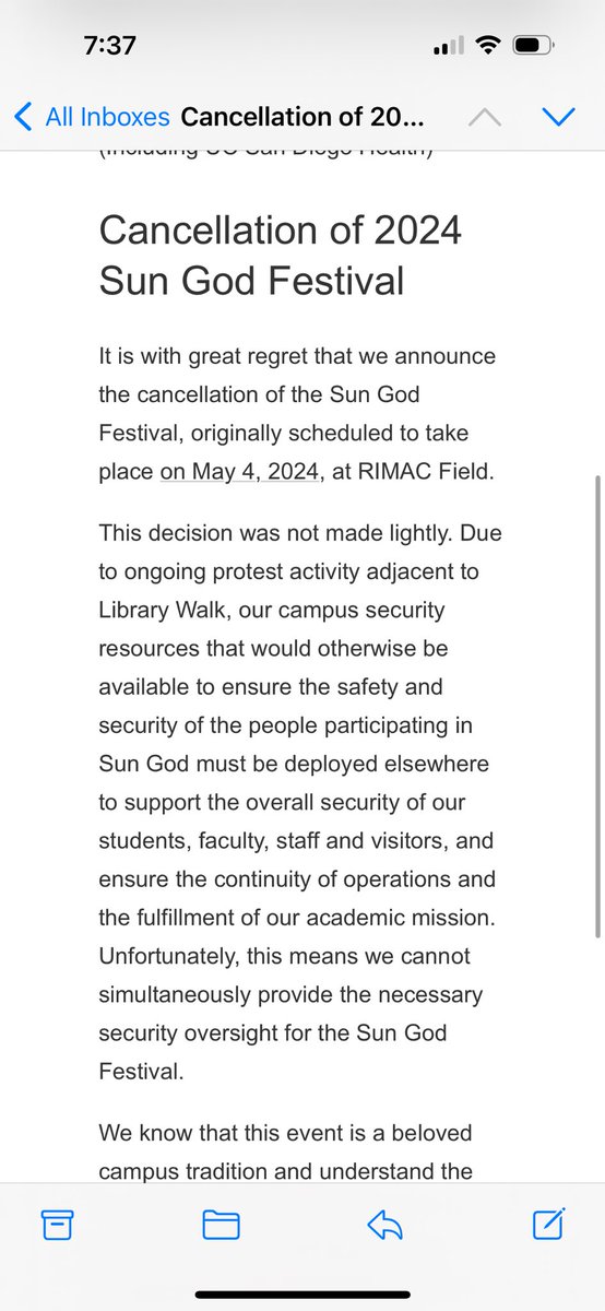 shame on UCSD! they are obviously trying to pin the students against the encampment by cancelling the festival and blaming “lack of security bc of the protest”. where tf is all our tuition money going?? yall are building skyscrapers on campus and can’t afford more security? bffr