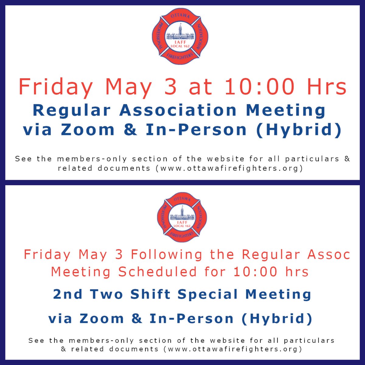 A reminder to our members about Friday's Regular Association Meeting & 2nd Two-Shift Special Meeting. These meetings will take place via Zoom & in-person (hybrid). See the members-only section of the Association website for all particulars & related documents.