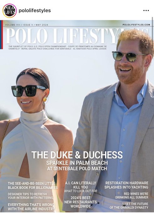 Iconic. Duke and Duchess of Suxess Grand the cover of Polo Lifestyles.
#Meghan #Harry #ServiceisUniversal
#AmericanRivieraOrchard 
#Pololifestyles