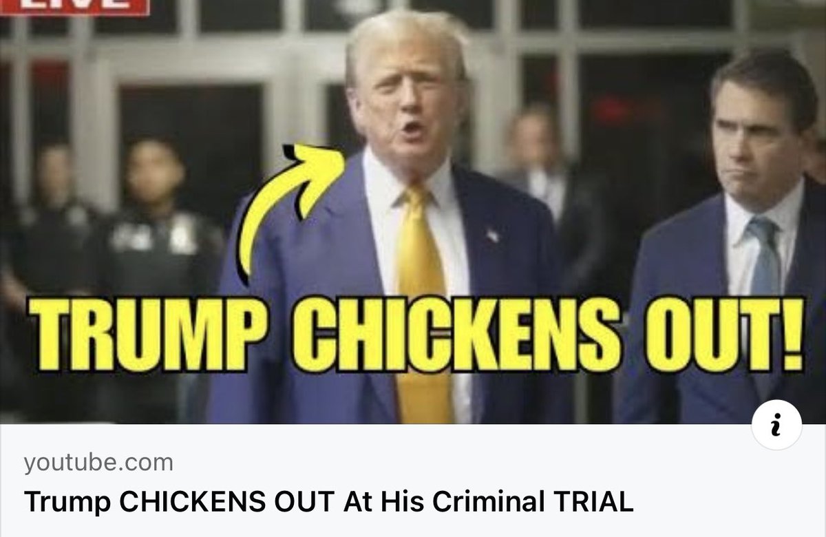 Coward Donald Trump just chickened out at his criminal trial! Watch it here: youtu.be/2768JL_Smbg?si…