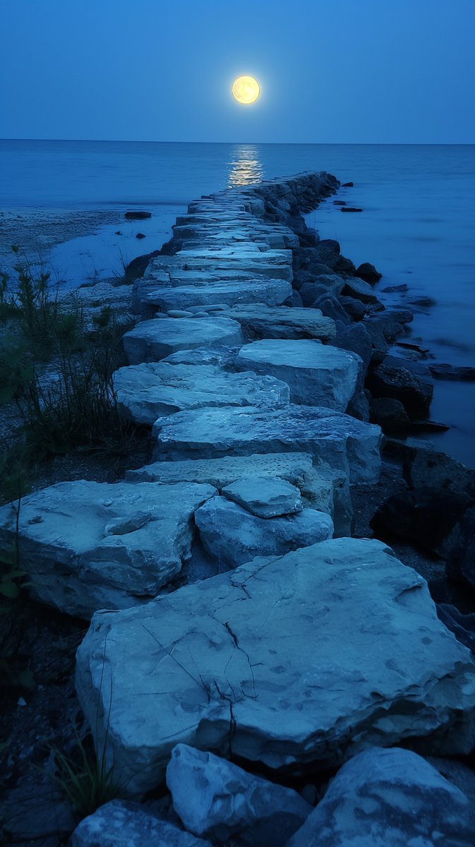 Stepping stones to the moonlight! Sometimes the path isn't clear until the light hits just right. 🌕🌊👣 #NatureBeauty #MoonlitNights #PhotographyLovers #PathwayToPeace