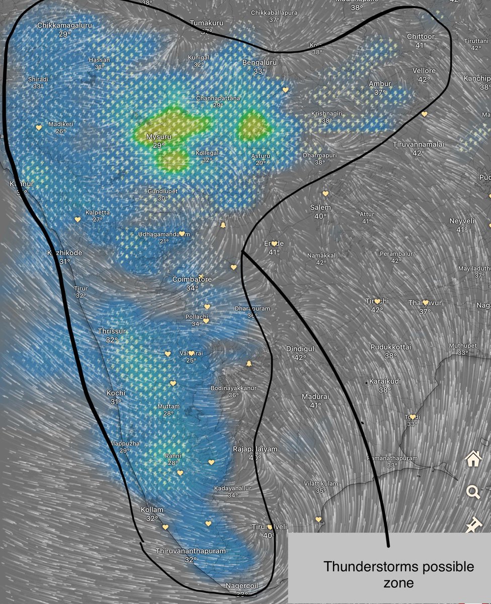 Reduction in temperature over  #Coimbatore #Nilgiris #Pollachi and for places close to ghats from today. And much needed thunderstorms ⛈️ possible over Ghats zone #Covai #Sathyamangalam #Mysuru #Hunsur #Ramanagara #Benguluru #Kolar #Anchetti #Hosur stretch today.

More…