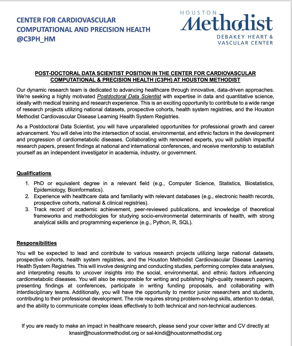 Join us at @C3PH_HM & @NasirLab_HM We're looking for a proactive Postdoc/Data Scientist to explore nexus of big data/AI in exposome & biology for cardiometabolic/atherosclerotic disease research Dive into large national datasets/health system registries with us! Details 👇