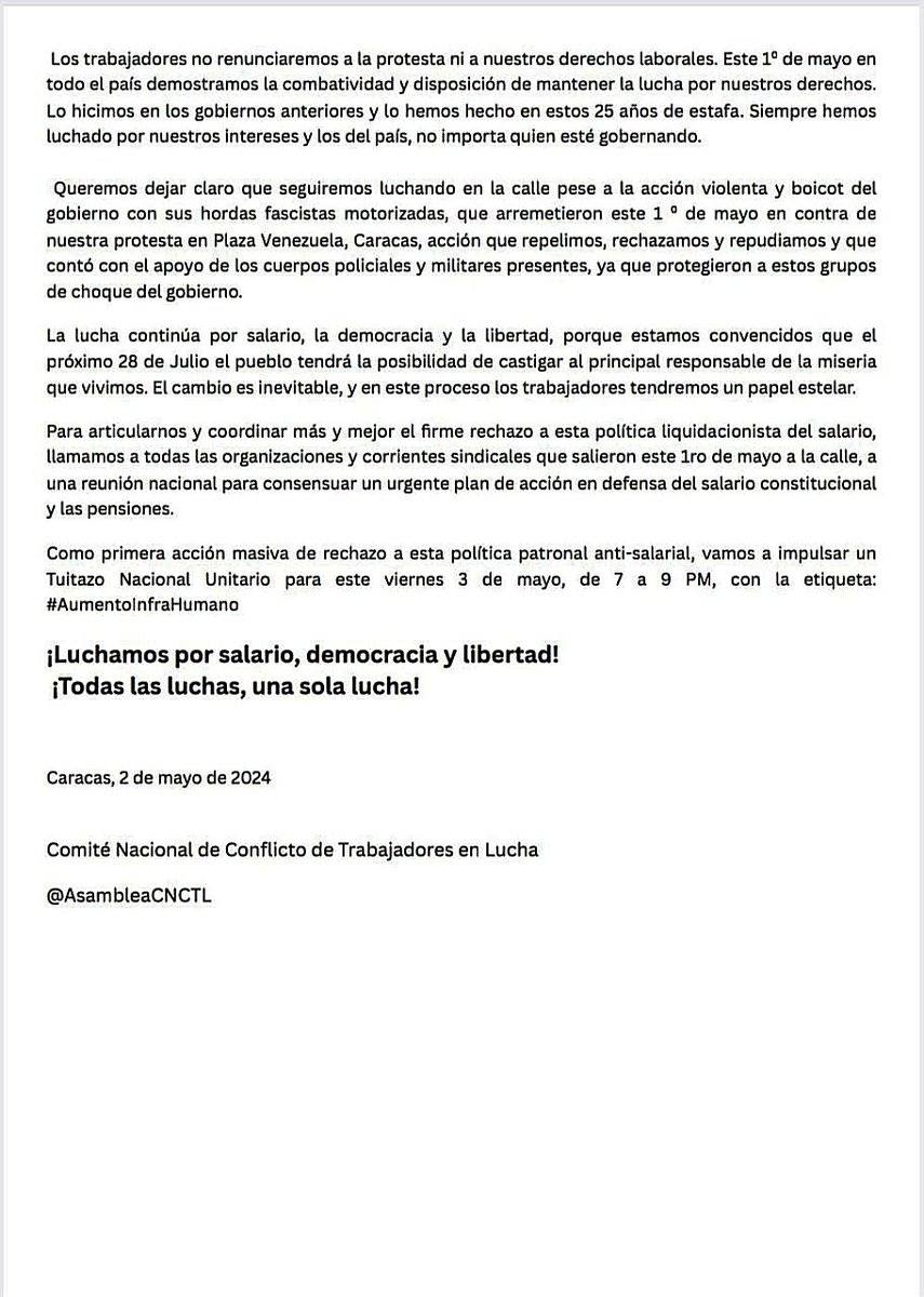 📢#ALERTA | El #CNCTL ante el anuncio de Maduro del #1Mayo