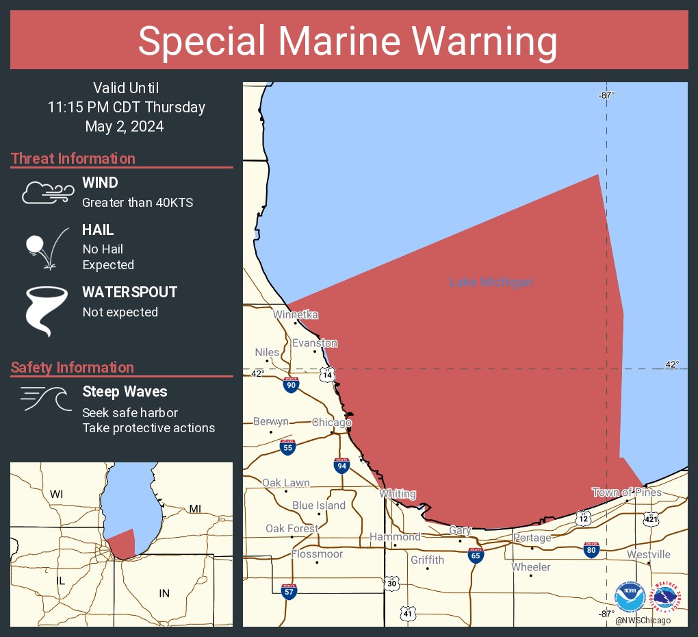 Special Marine Warning including the Lake Michigan from Winthrop Harbor to Wilmette Harbor IL 5NM offshore to Mid Lake, Lake Michigan from Wilmette Harbor to Michigan City in 5NM offshore to Mid Lake and Winthrop Harbor to Wilmette Harbor IL until 11:15 PM CDT