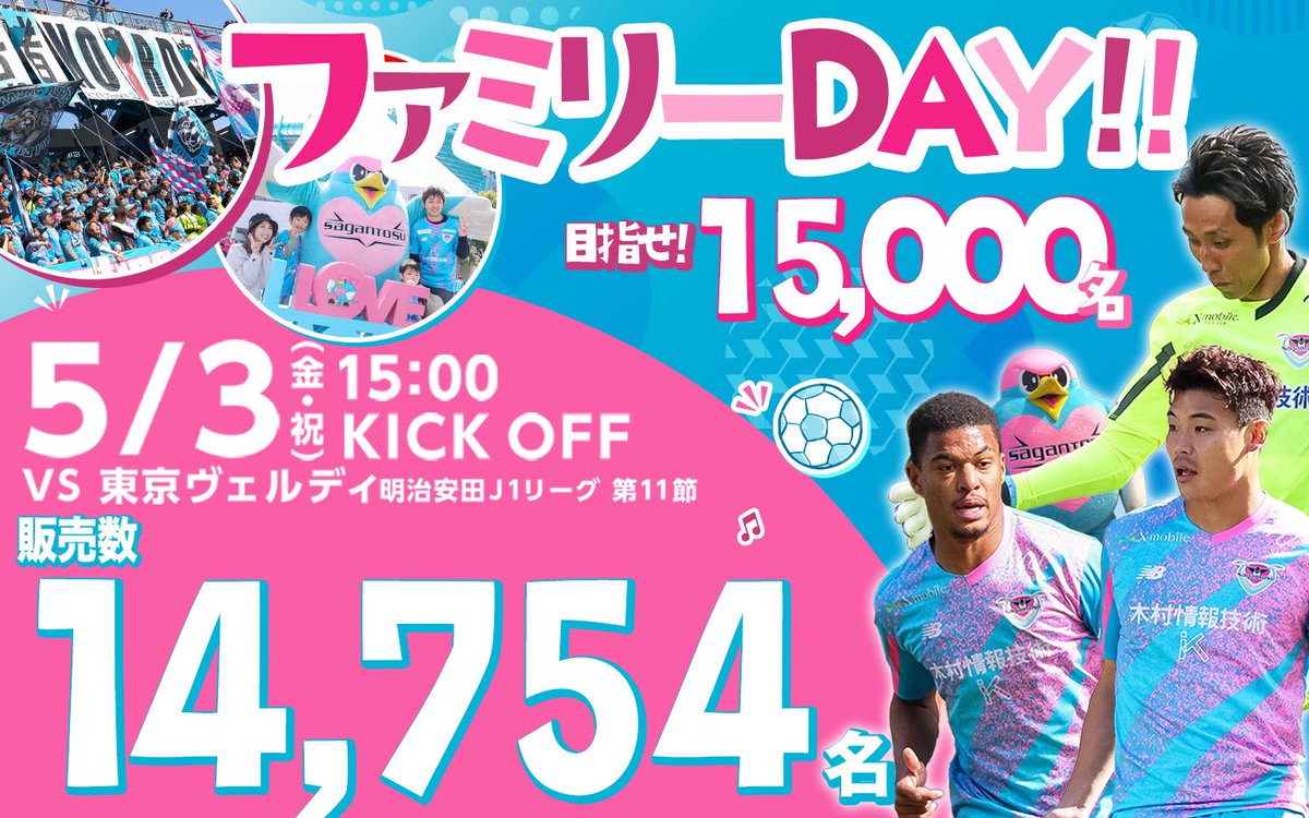 【📣📣本日決戦📣📣】
#東京ヴェルディ 戦チケット販売数
４月28日(日) 12321名
４月29日(月) 12523名
４月30日(火) 12729名
５月 １日(水) 13175名
５月 ２日(木) 13325名
５月 ３日(金) 14754名
15000名まであと、264名😭😭最後の最後の呼びかけ！！！！！
みなさんスタジアムへGO🏟🏃💨💨💨