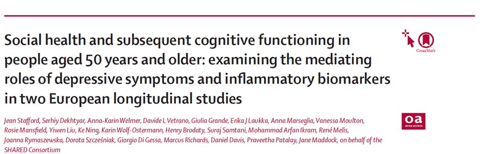 Excited to share our new study @LancetLongevity showing a mediating role of depressive symptoms, but not inflammation, in associations between social health markers (particularly social support) and subsequent cognition authors.elsevier.com/sd/article/S26… @MRCLHA