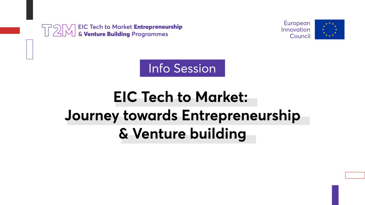 Interested in the #EUeic Tech to Market Entrepreneurship & Venture Building Programme? 🚀 Join us for an ℹ️ info session on 29 May to learn more about the programme, its activities and hear testimonies from past participants. Register here 👉 bit.ly/3WmCfWD