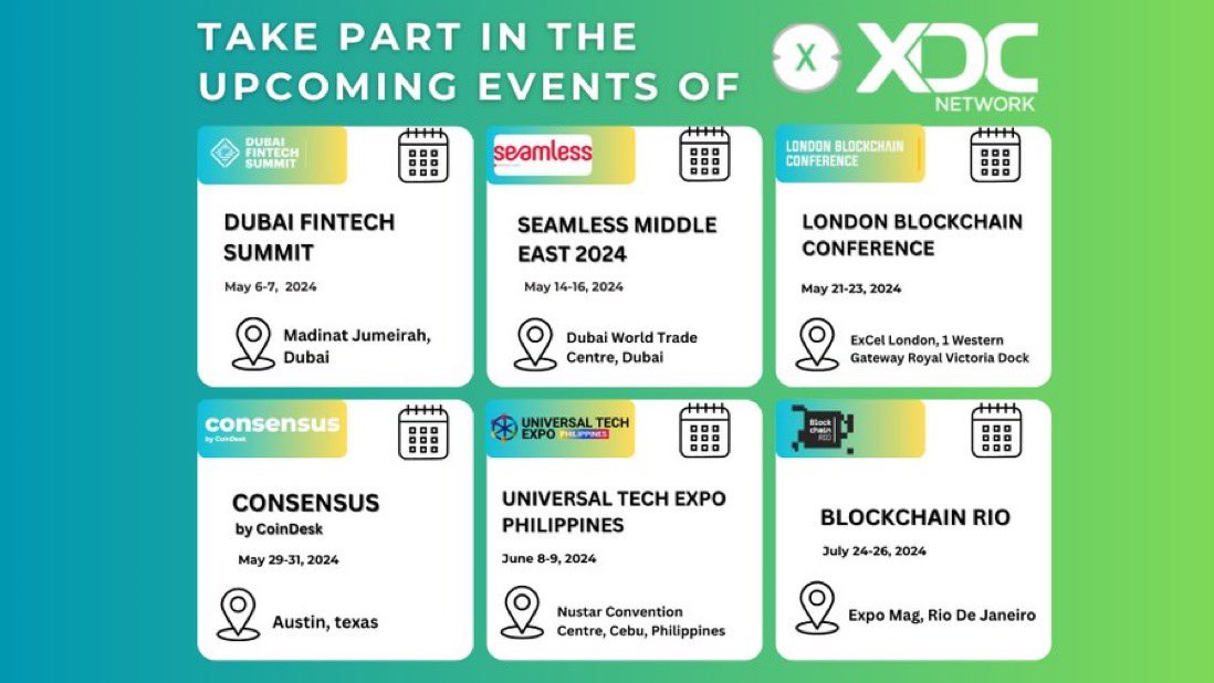 Q2 is shaping up to be a game-changer for #XDCNetwork! Save the dates for these key events, where learning, networking, and collaboration are the name of the game.

#RWA #AI #DePIN #Gamefi 
#XDCNetwork #WeAreXDC #BuildOnXDC #Blockchain #WeAreXDC #BuildOnXDC