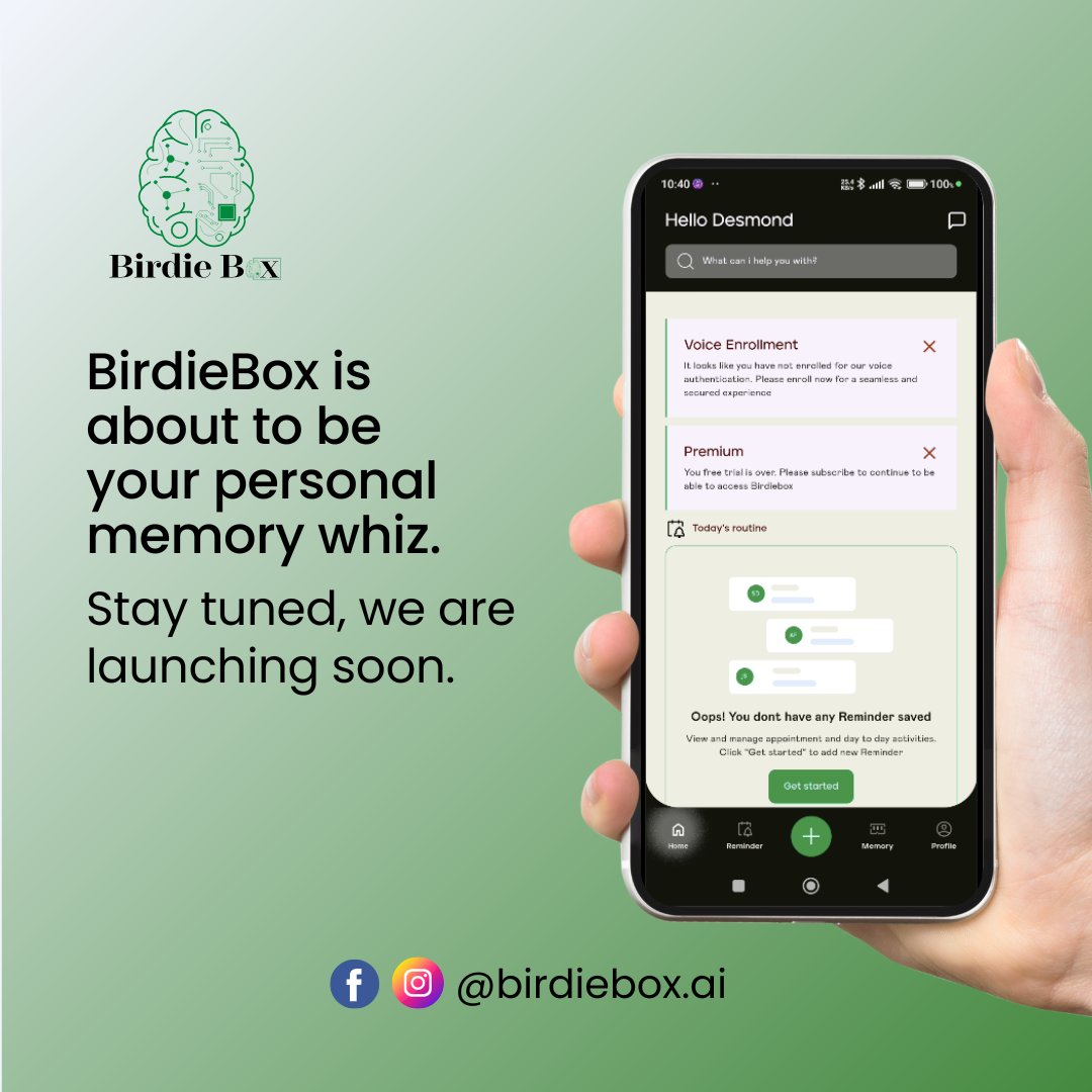 BirdieBox is coming soon! 

This AI assistant will help you manage your appointments, reminders, and more. With BirdieBox, you'll always have your memories at your fingertips.

#birdieboxai
#artificialintelligence 
#aiassistant 
#memoryloss 
#caregiving 
#dementia 
#alzheimers