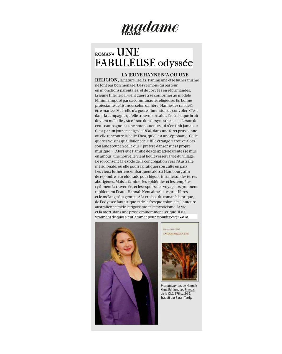 « Incandescentes » d'Hannah Kent est dans @Madamefigaro !✨ 'Une prose éminemment lyrique. II y a vraiment de quoi s’enflammer pour Incandescentes' 📖Disponible en librairie !