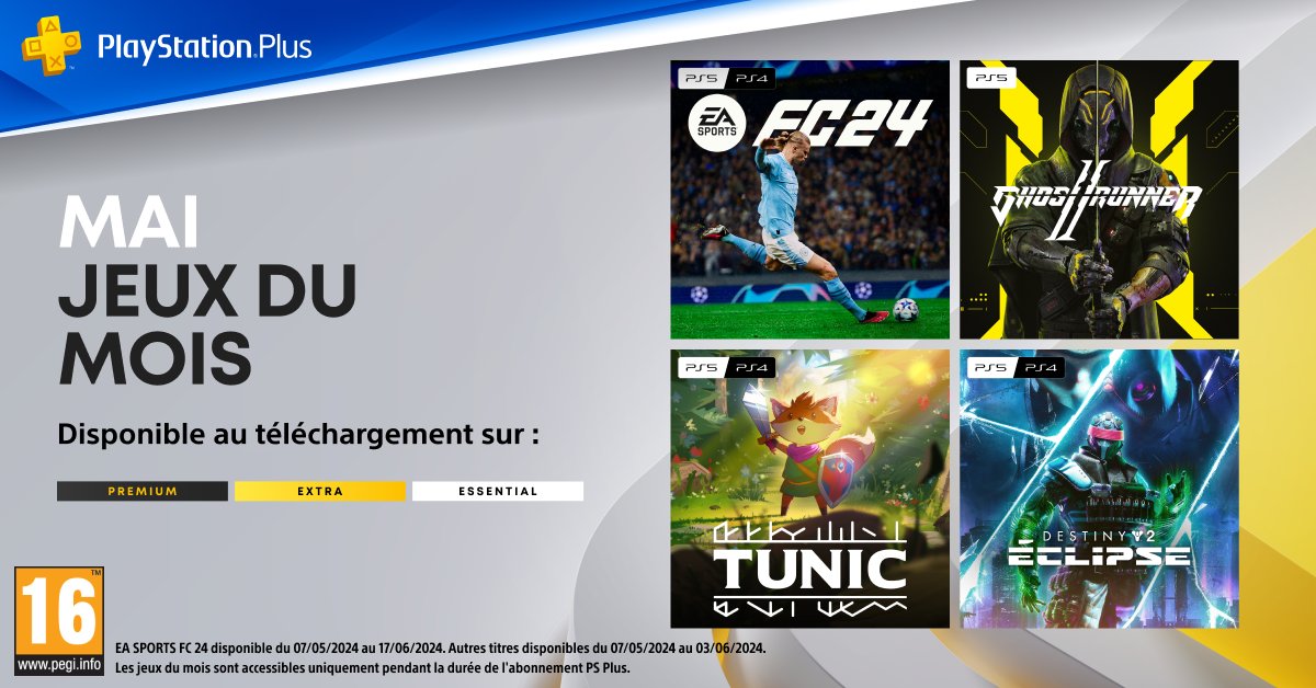 🆕 PlayStation Plus : Les jeux du mois de mai 2024 : 🔘 EA Sports FC 24 🔘 Ghostrunner 2 🔘 Tunic 🔘 Destiny 2 : Éclipse Et pour les infos 🏆 de ces jeux, c'est ici : psthc.fr/news/playstati…