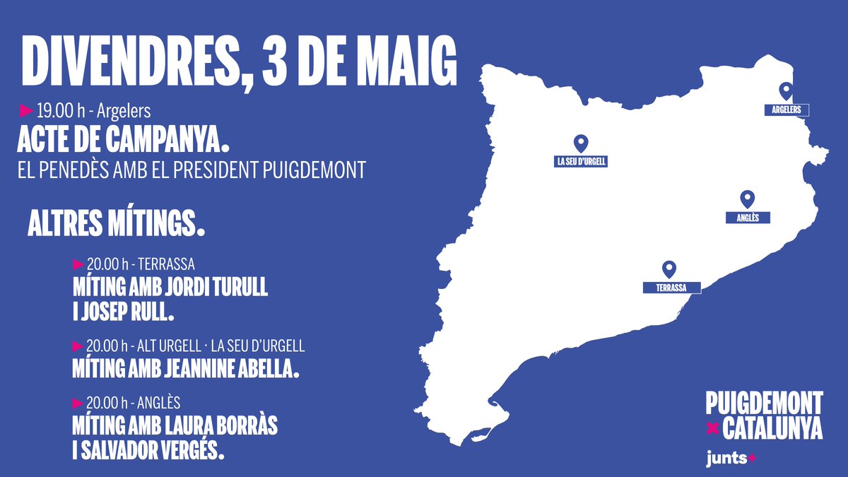📅 AGENDA DE CAMPANYA Avui, a les 19:00, el Penedès amb el president @KRLS Puigdemont, a Argelers. També ens trobarem a: 📍Terrassa 📍Alt Urgell - La Seu d’Urgell 📍Anglès #PuigdemontPresident #JoHiVaigSer