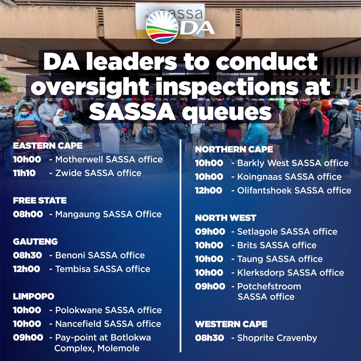 📍 Today the DA leadership is conducting oversight inspections at SASSA pay-points across the country to interact with long-suffering residents who have to stand in long queues to collect their social grants. The DA is working hard to protect social grants from ANC corruption.