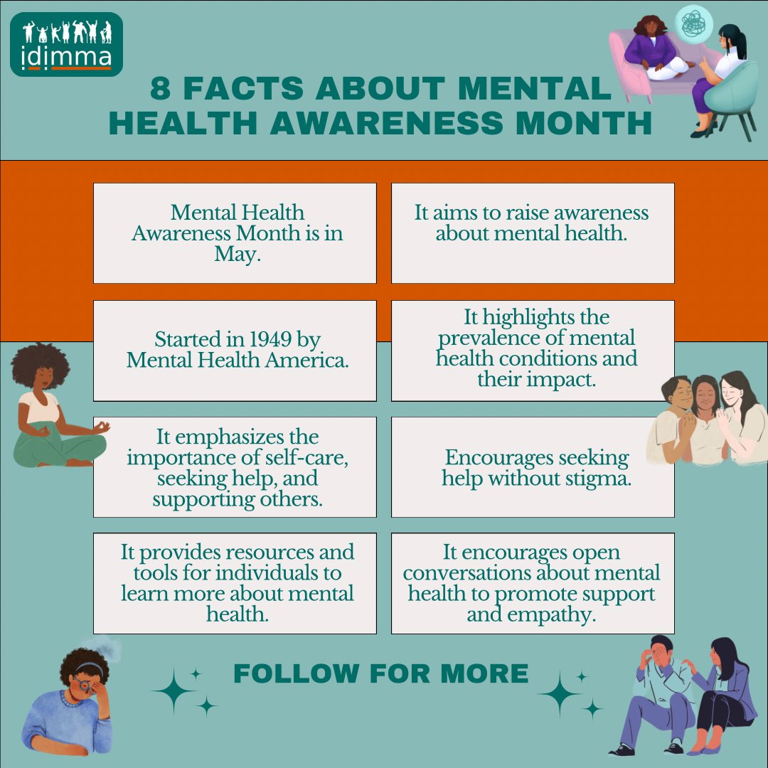 Day 3: 8 Facts About Mental Health Awareness Month. 

Did you know? Help us spread awareness by adding more facts in the comment section below! 

#MentalHealthAwarenessMonth #BreakTheStigma 
#EndTheSilence 
#ShareYourStory
#mentalhealth