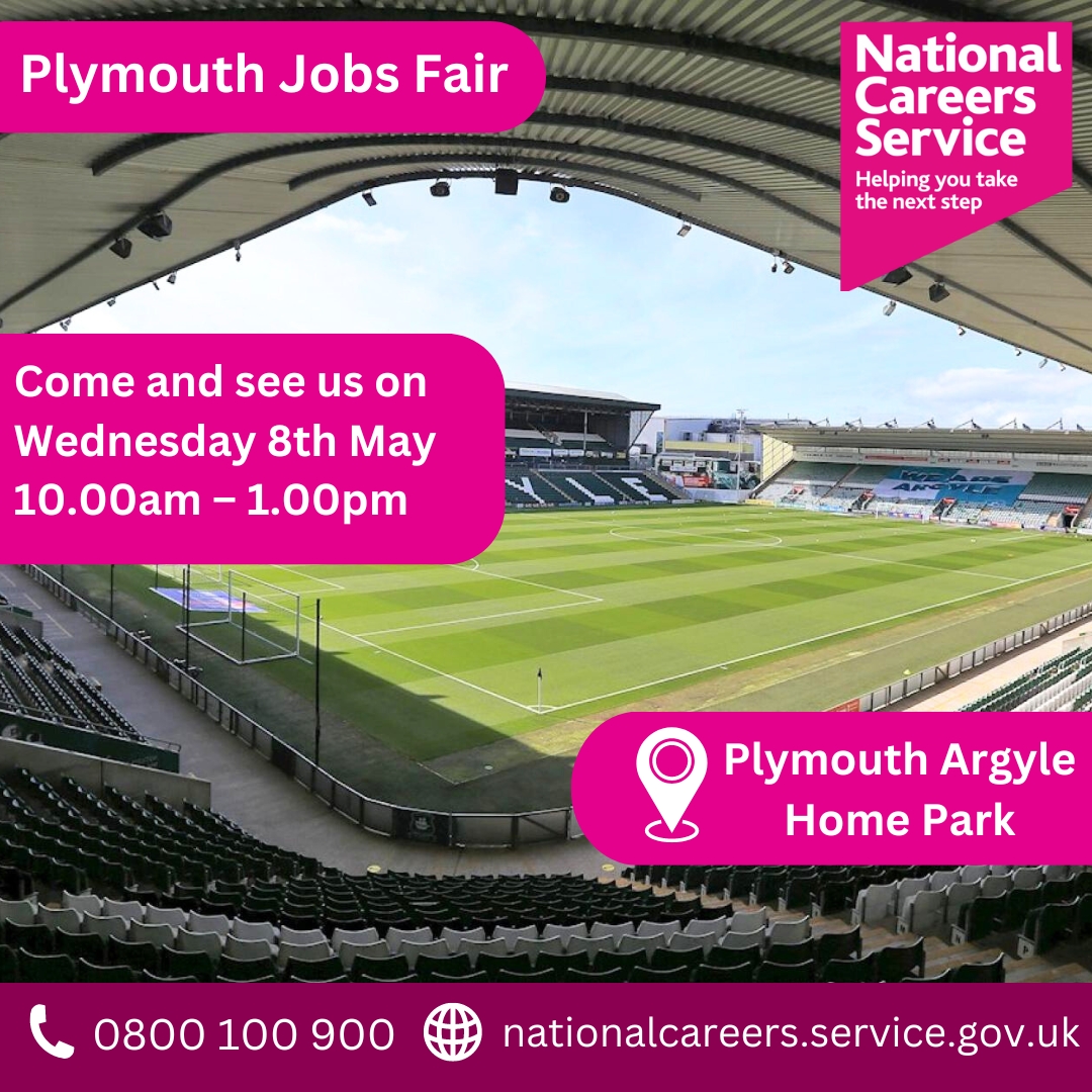 Our National Careers Service advisers will be at the Plymouth Jobs Fair on Wednesday 8th May at Home Park between 10am – 1pm To find out about the National Careers Service visit 💻 nationalcareers.service.gov.uk or call on 📞 0800 100 900. #Plymouth #PlymouthJobs #NationalCareersService