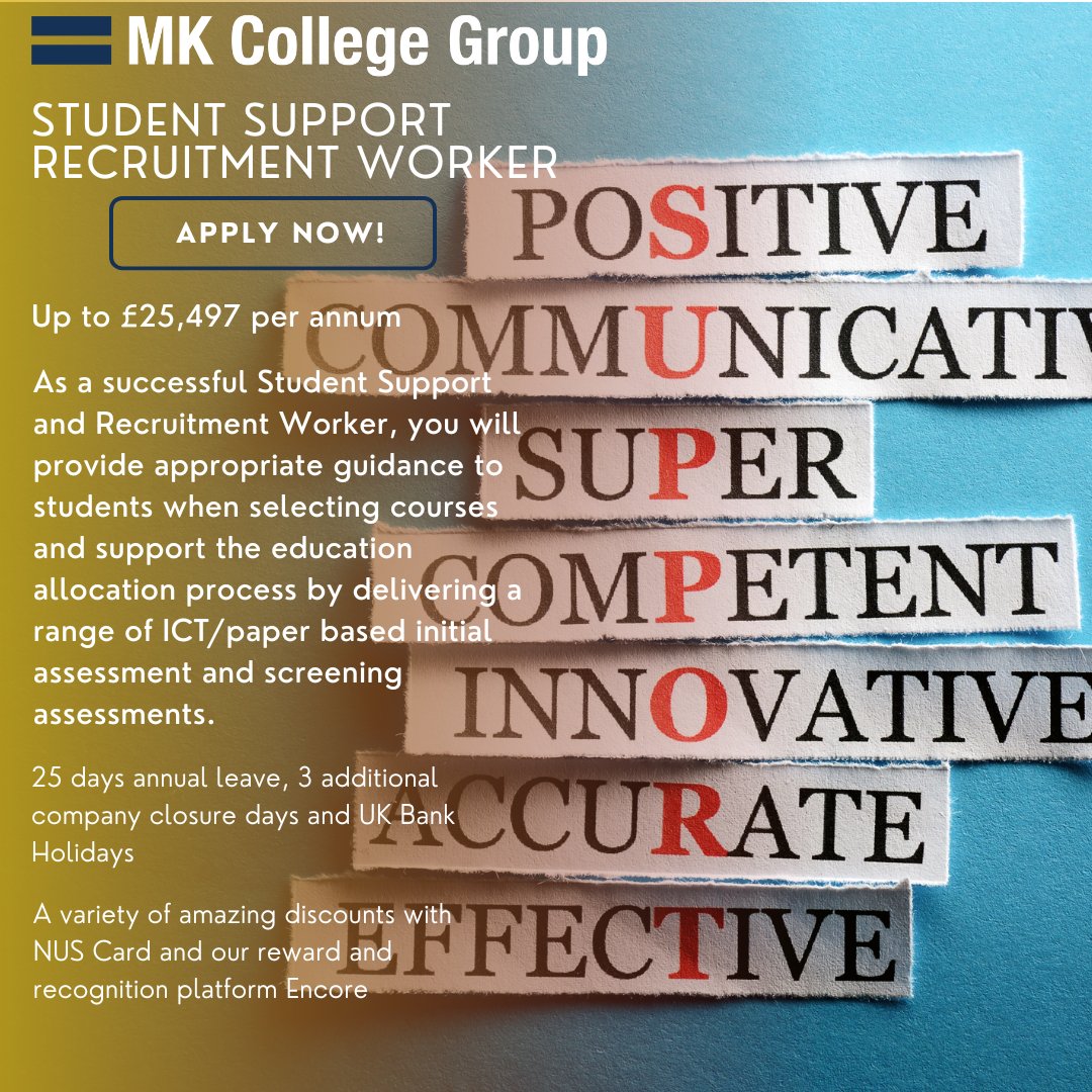 Milton Keynes College have a new vacancy for a Student Support and Recruitment Worker to join the education team based at HMP Full Sutton.

lnkd.in/enuKA3hf

#prisoneducation
#studentsupport
#NotJustACollegeInMiltonKeynes
#edujobs
#FastForwardFriday
