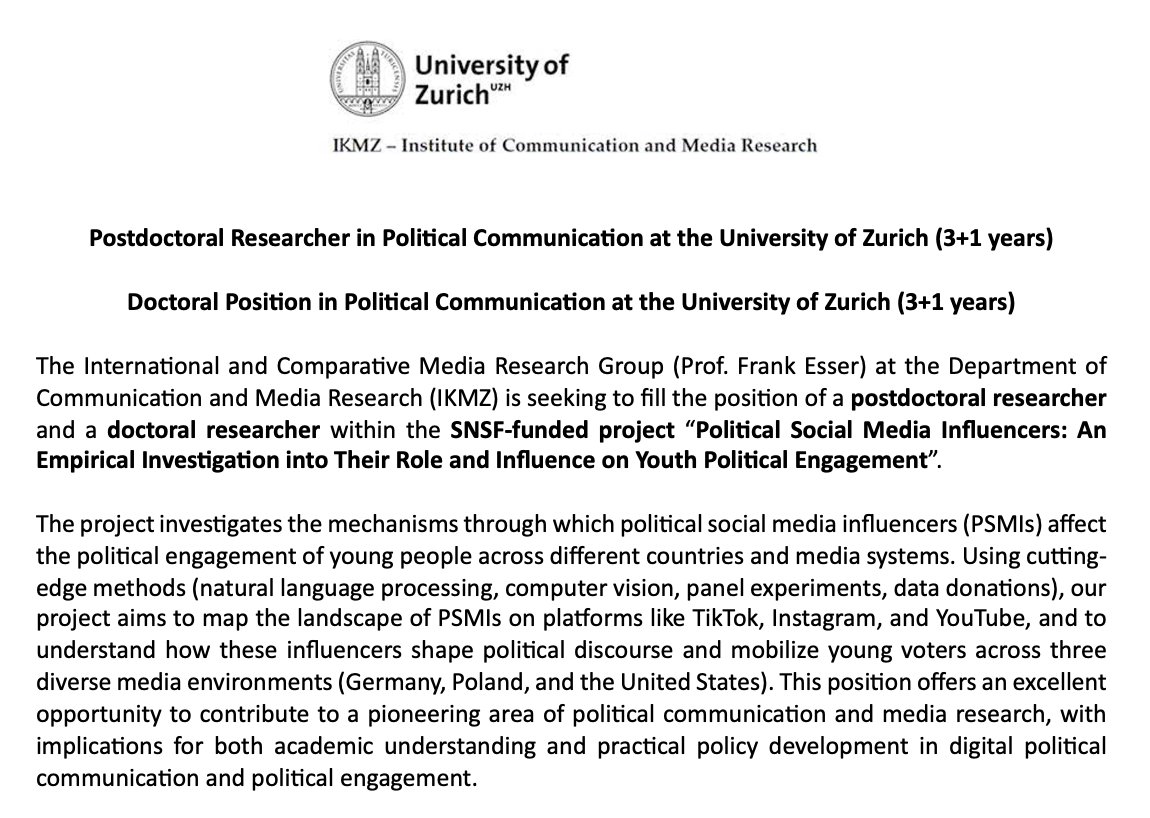 ⚠️ For our SNSF project on political influencers and their effect on youth political engagement, @esserfrank_ and I are looking for a postdoc and a PhD student to work with us over the next 4 years: tinyurl.com/nkt5xnxn ⚠️ @COMPTEXTCONF @OPTED_H2020 @uzh_ikmz