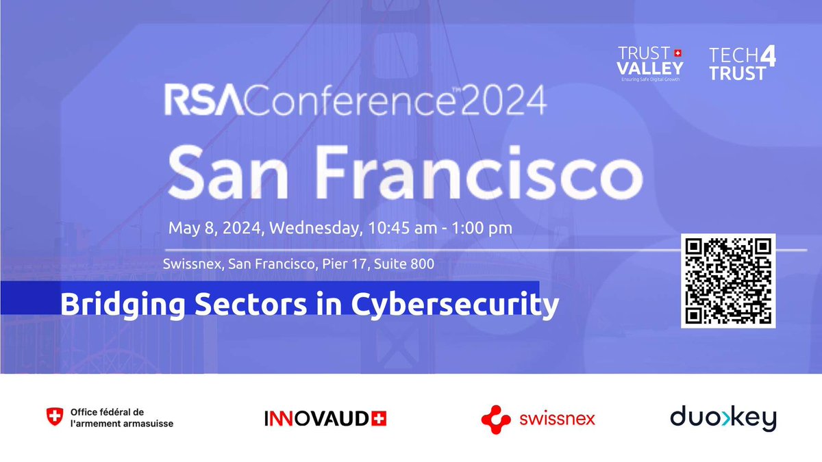 Meet us at #RSAC2024 in San Francisco 🚀🇨🇭🇺🇸 Trust Valley is bringing an Economic Swiss Delegation of startups and partners to showcase groundbreaking technologies and solutions in #cybersecurity and #digitaltrust. Learn more: bit.ly/3UJ2F3K #TrustValleyCH @lennig