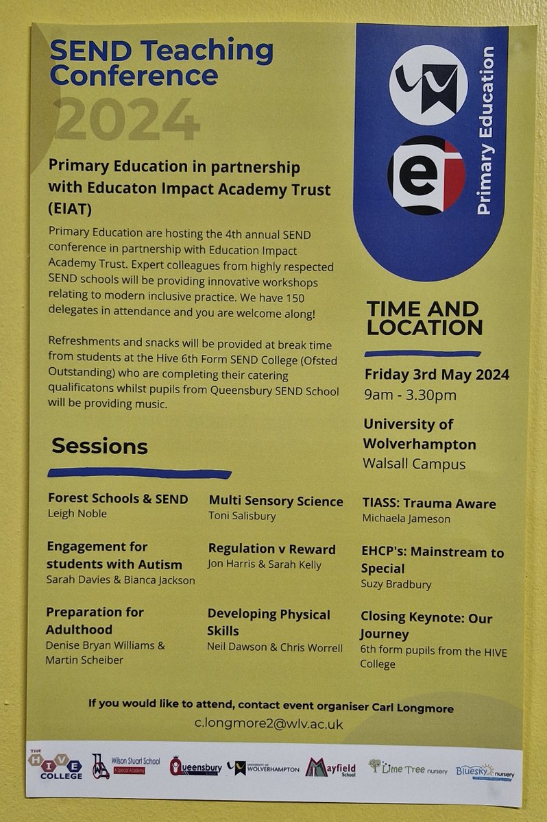 Happy Friday! It looks like it is going to be a great day for our 4th #SEND #teaching conference organised by the Primary Education team. Thank you to all our speakers for this fabulous agenda. #inclusivity #engagement #progress #impact @wlv_education @wlv_uni #collaboration