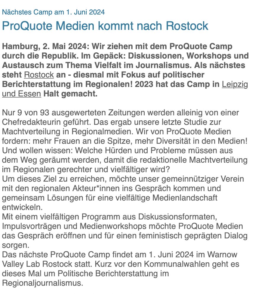 Wir laden herzlich zum #ProQuoteCamp Rostock ein- Schwerpunkt: Politische Berichterstattung im Regionalen. Mit: @yagmurekimcay, <a href="/Corinna_Cerruti/">Corinna Cerruti ✊🏿✊🏾✊🏽✊🏼✊🏻</a> 
@Katapultmagazin <a href="/HateAid/">HateAid</a> <a href="/tagesschau/">tagesschau</a> 
<a href="/EHeitkmper/">Edith Heitkämper</a> <a href="/_OstseeZeitung_/">Ostsee-Zeitung</a> <a href="/unirostock/">Universität Rostock</a> u.v.m.! 

PM für alle Infos: tinyurl.com/bj66nyx8