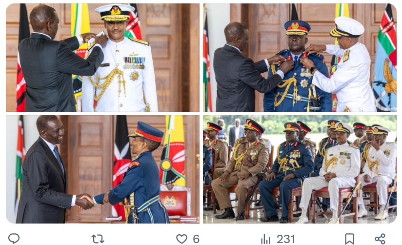 The swearing-in ceremony Presided by president William Ruto at Statehouse General Charles Kahariri the new Kenya Defence Forces Chief of Defence Forces,CDF. Right,Lt General John Omenda the new VCDF. Below,Major General Fatuma Ahmed the new Kenya Air force service commander.