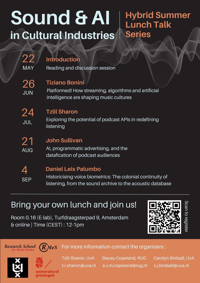 Hi everyone 👋🏻 --- @TzlilSharon, @carobirdsall, and I are organising a talk series on Sound & AI in the Cultural Industries over the coming months. All are welcome. More info and rsvp link here: rmes.nl/lecture-series… #AIVoice #PlatformStudies #PodcastStudies #DataStudies