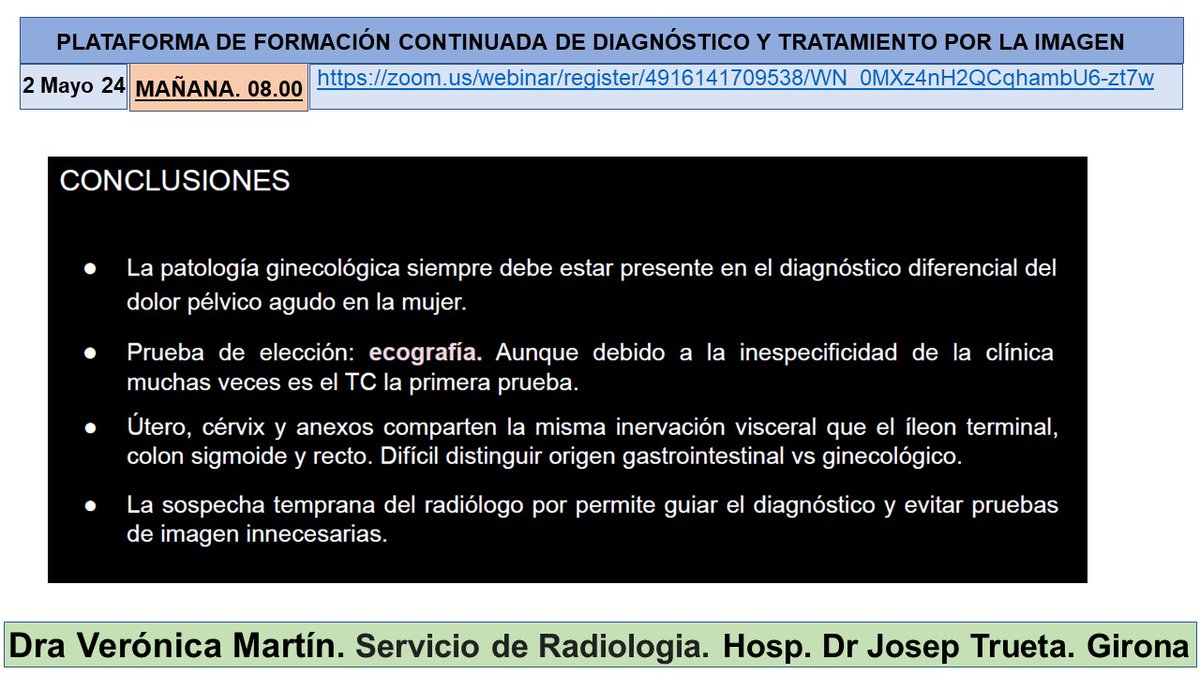 Great lecture by Dra Verónica Martín about “Acute abdominal pain of gynecological origin ' with moderation from Dra Noemí Cañete... @hospitalclinic @sediabdomen @idibgi @htrueta @gencat @Radiolegs_CAT @seram_rx @iasgirona @AreaHjt @myESR @RSNA