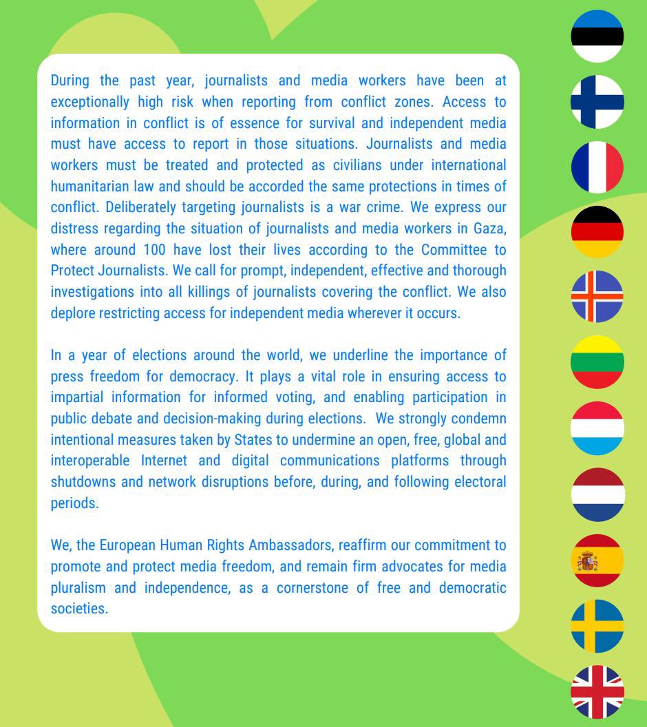 Free & open media are the cornerstone of a vibrant democracy. #HumanRightsAmbassadors call for: ✔️protection of journalists in conflict ✔️an end to malicious manipulation of media space ✔️open access to information in a year of elections around the world. #WorldPressFreedomDay