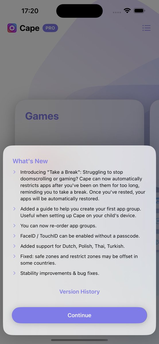 Cape 3.2 is released.  Introducing "Take a Break": Cape can automatically restricts apps after you've been on them for too long, reminding you to take a break. Once you've rested, your apps will be automatically restored.

→ getcape.app