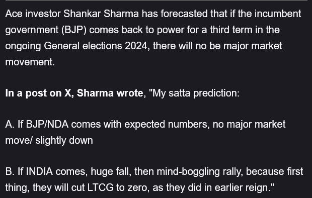 Shankar Sharma says that if the BJP loses & the I.N.D.I.A alliance forms the Government, there will be a 'mind-boggling rally' because the dreaded LTCG tax will then be repealed. Chidambaram had in fact introduced STT in place of LTCG but the BJP revived LTCG & also retained STT