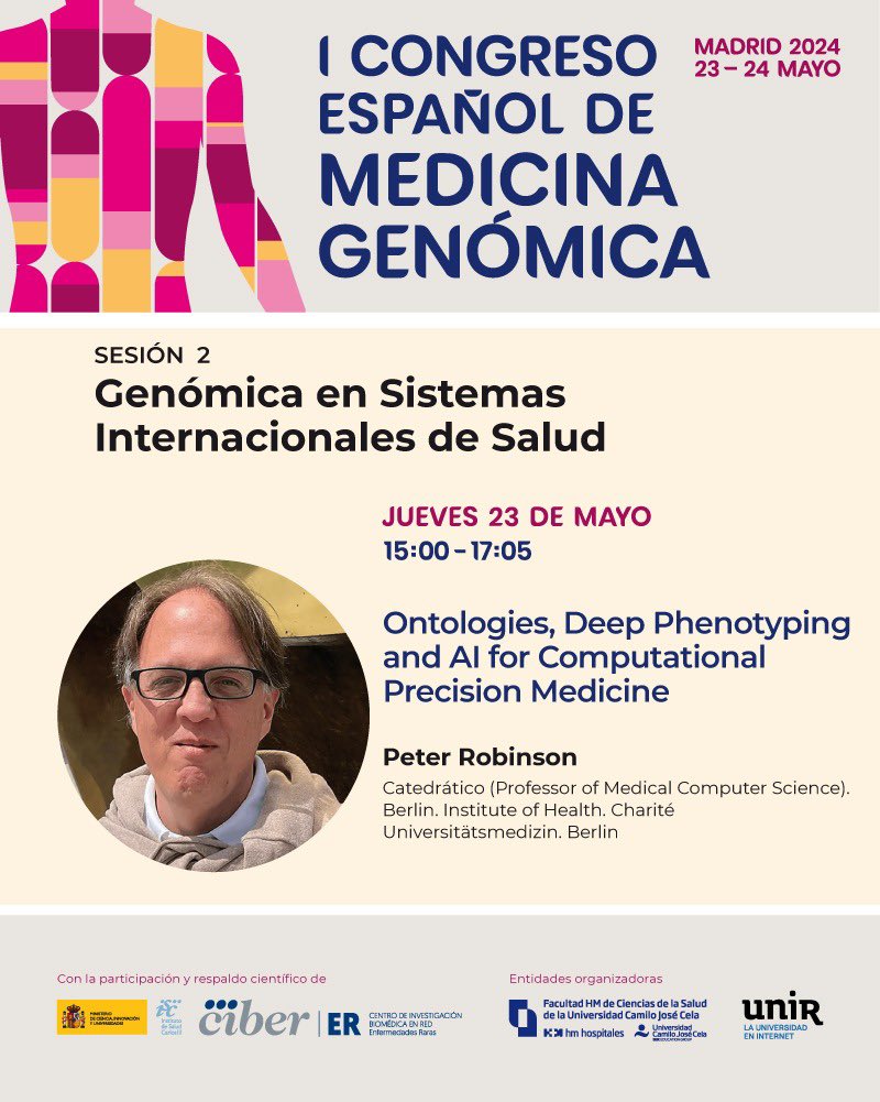 manuelcorpas's tweet image. At the 1st Spanish Congress on Genome Medicine we will have @PeterPnrobinson speaking on #AI and #ontologies for #Computational #PrecisionMedicine