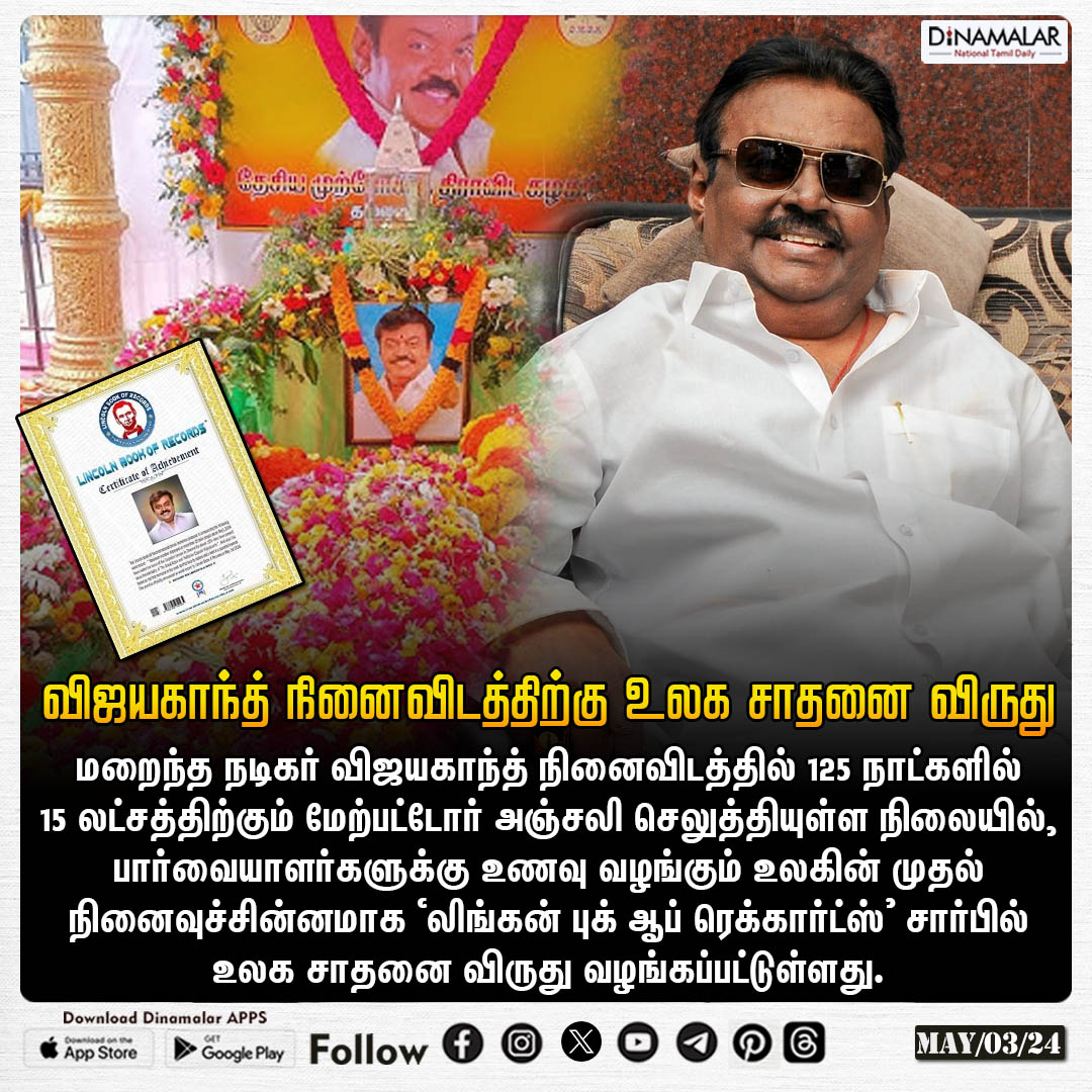 விஜயகாந்த் நினைவிடத்திற்கு உலக சாதனை விருது
#Vijayakanth |#VijayakanthMemorial |#BookOFRecords 
dinamalar.com