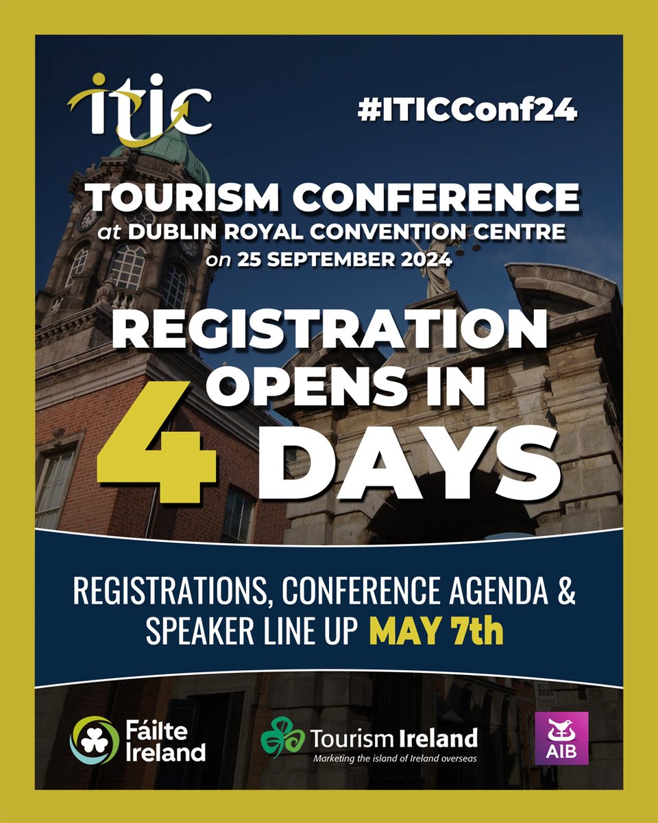 📢REGISTRATION OPENS TUESDAY #ITICConf24 We are heading to @DubRoyalCC and hope you will #VisitDublin on 25th September. Registration opens next Tuesday May 7th Many thanks to our partners @Failte_Ireland @TourismIreland @AIBBiz