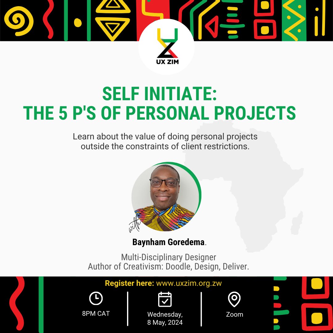UxZimbabwe's tweet image. Feeling constrained by the restrictions of your work? Join us this Wednesday as @bayhaus explains why you might want to start focusing on personal projects. 

Sign up now to lock the time into your calendar! 
eventbrite.co.uk/e/self-initiat…