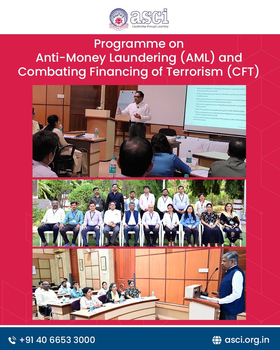 Administrative Staff College of India (ASCI)'s enlightening program on Anti-Money Laundering (AML) and Combating Financing of Terrorism (CFT) is being conducted at ASCI’s Bella Vista campus in Hyderabad. Led by Dr. Madhusoodanan PR.