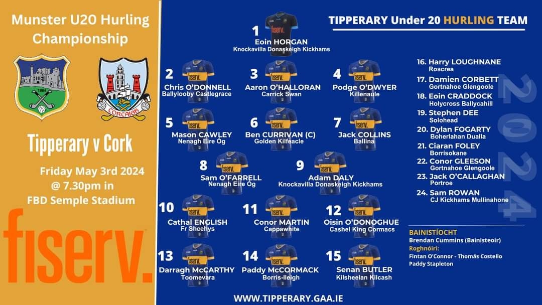 Best of luck to Sixth Years Mason Cawley, Darragh McCarthy, Ciarán Foley and past-pupil Jack O'Callaghan on the Tipperary Under 20 Hurling squad which will play Cork in the oneills.com 2024 Munster Championship this Friday evening at 7.30pm in FBD Semple Stadium.💙💛