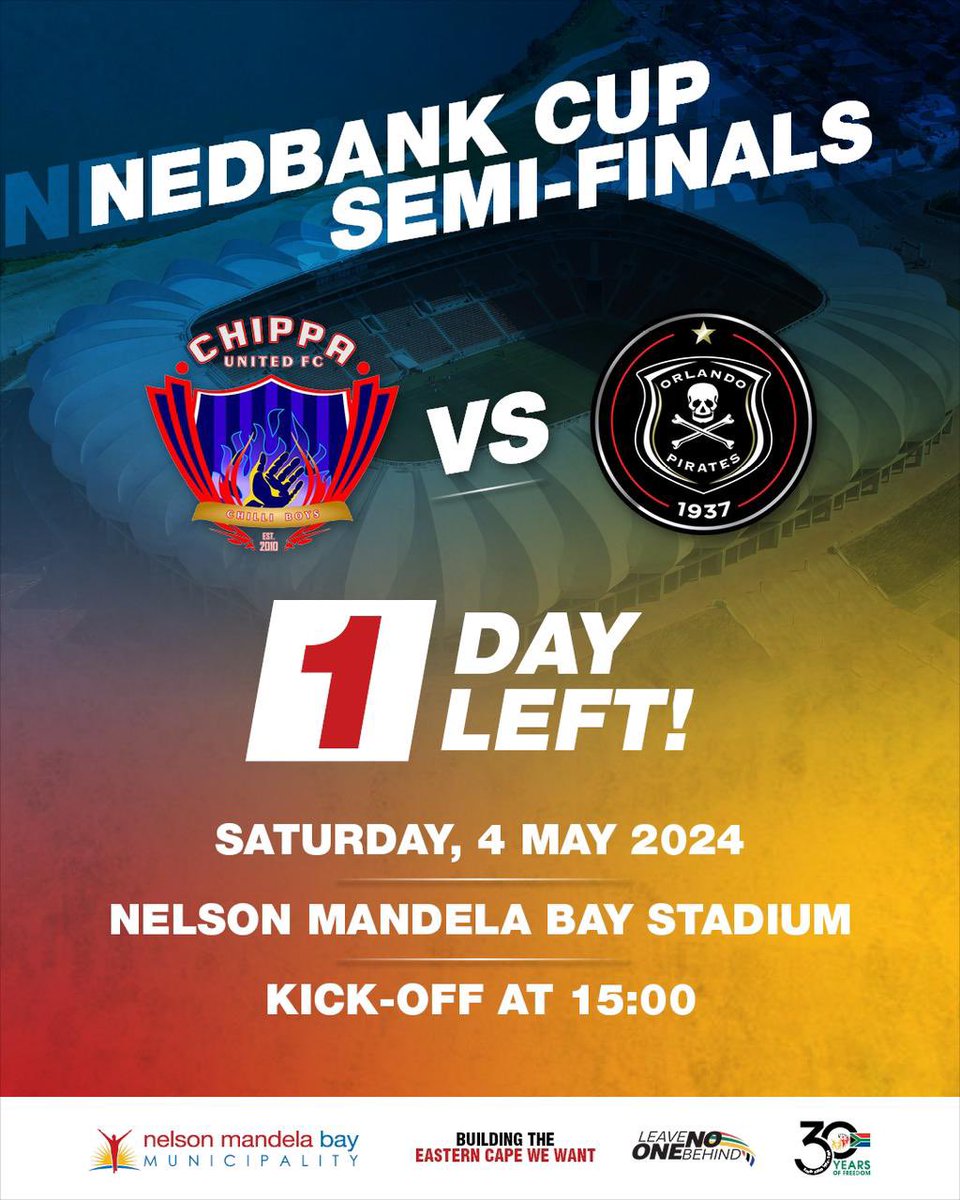 Only one day to go to the Nedbank semi-final where Chippa United will face Orlando Pirates. Do you have your ticket ready? If not, hurry up and book on the link below!

ticketpros.co.za/portal/web/ind…

#ShareTheBay
#GqeberhaDestinationOfChoice 
#GqeberhaCityOfAction