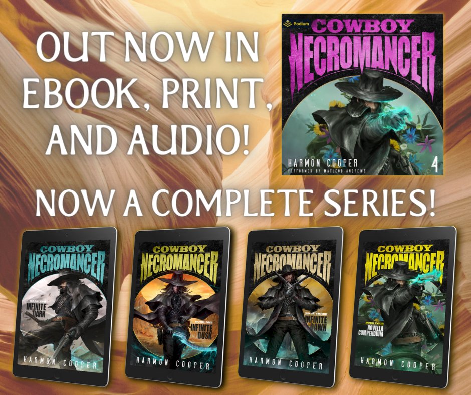 All-ANOTHER complete books!

🤠 💀 

Cowboy Necromancer is a #PostApocalyptic #scifi #LitRPG set in the American SW about a pepper farmer turned necromancer tasked with stopping an alien invasion. 

Now complete in print & audio from @PodiumAudio & @MacLeodAndrews 

#amreading