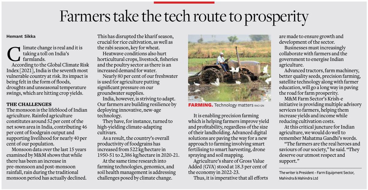 .@hsikka1, President, Farm Equipment Sector, M&M, discusses tech's role in farmers' lives in his op-ed in The Hindu Businessline. The effects of climate change are adversely affecting the livelihood of farmers. M&M harnesses the power of tech to mitigate its effects and empower…