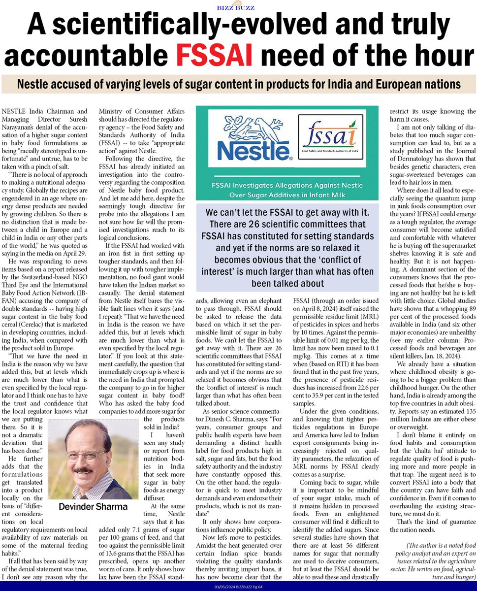 The urgent need is to convert @fssaiindia into a body that the country can have faith and confidence in. Even if it comes to overhauling the existing structure, we must do it. That's the guarantee the nation needs. My article today. #Safefood #healthyfood @NestleIndia @icarindia