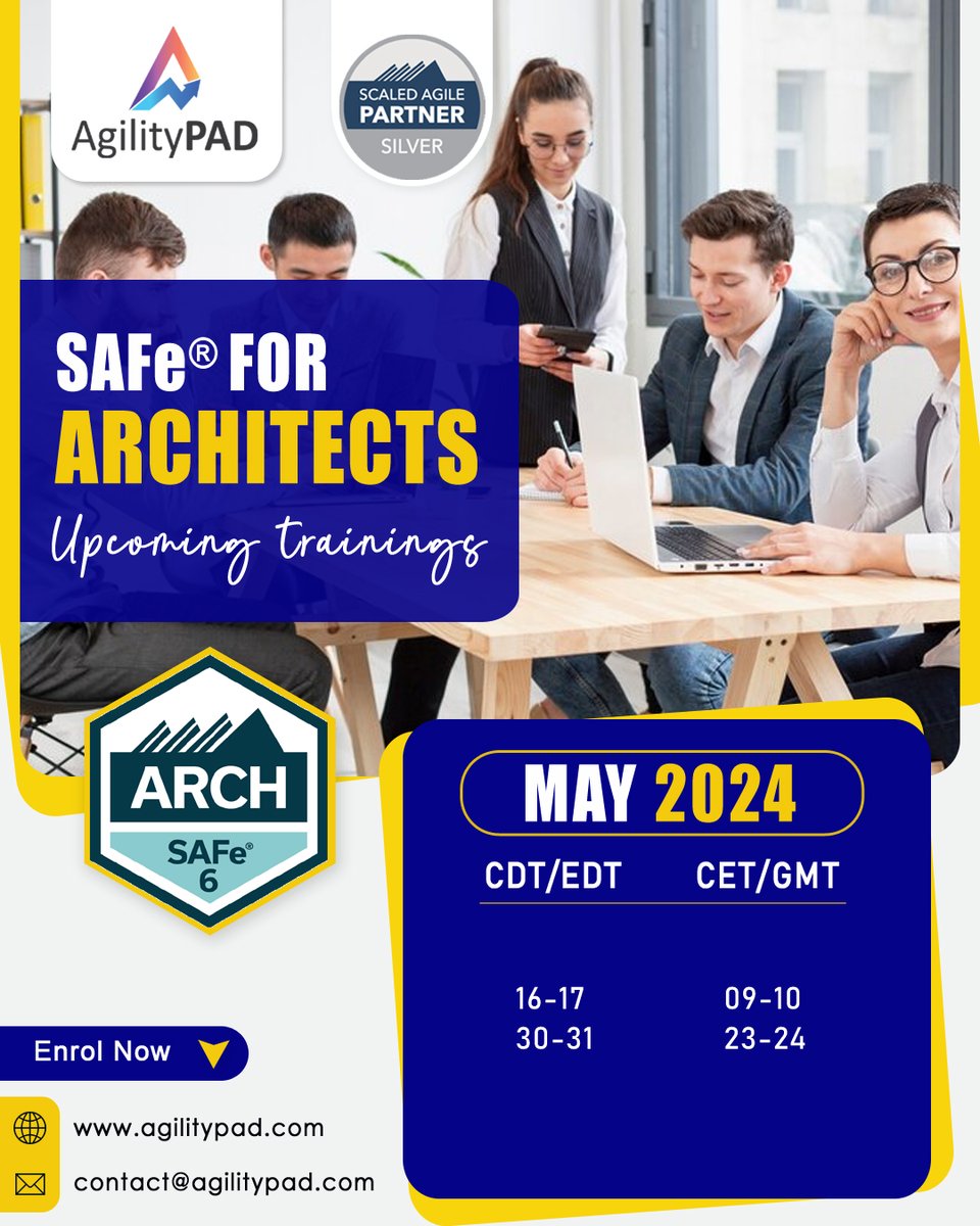 Enroll Now for Upcoming SAFe® for Architects (ARCH) Online Certification Training in May 2024.🎓 agilitypad.com/safe-architect… #agilitypad #productowner #productmanager #productmanagement #projectmanager #scrummaster #safearchitect #systemarchitecture #softwaredeveloper