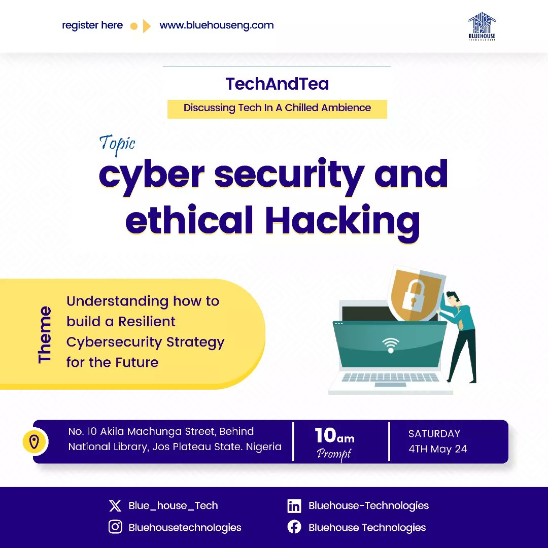 ⏰ Less than 24 hrs to learn how to shield yourself online! ️

Join our FREE #TechandTea for cybersecurity basics & tactics! Don't be a target. 

Register now! (bluehouseng.com)

#Bluehouse #learn #innovate #impact #Cybersecurity #Jos #techcareer
